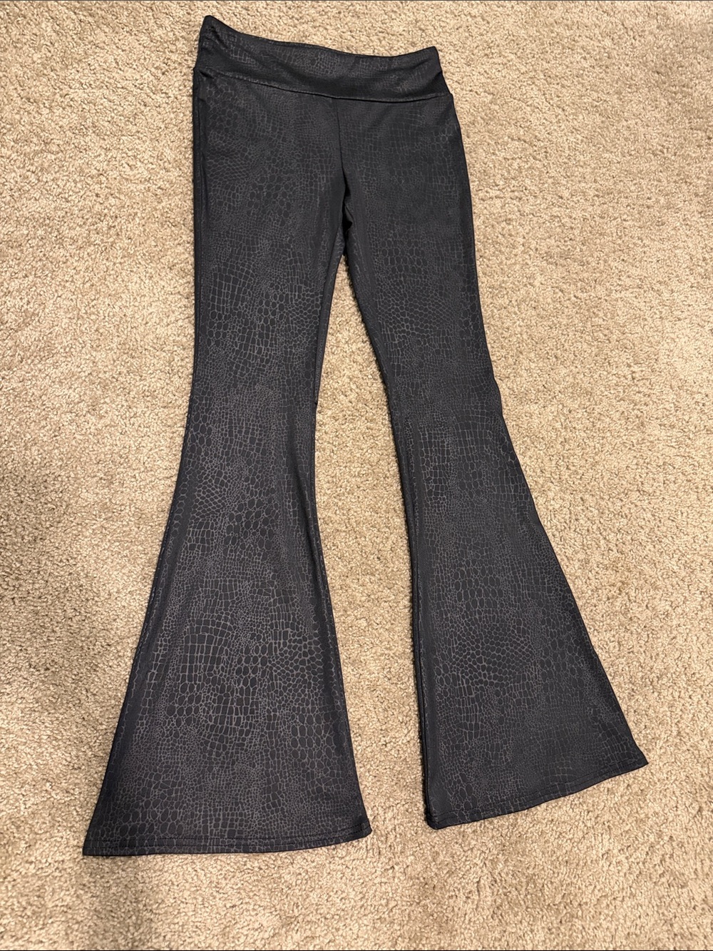 Black Croc-Embossed Flare Pants